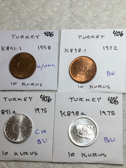 Turkey 4- 10 Kurus 1958 Au/unc, 1972 Bu, 1975 Ch/bu, 1975 Bu