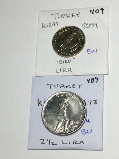 Turkey    1- 2 12 Lira 1973 Ch/bu    1-  "bird"lira 2009 Bu