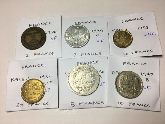 France 1920 2 Francs Very Fine, 1944 C 2 Francs Extra Fine, 1950 B 5 Francs Extra Fine