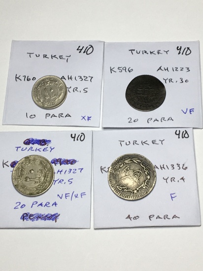 Turkey 10 Para Ah1327 Yr.5 Xf, 20 Para Ah 1223 Yr.30 Vf, Ah 1327 Yr.5 Vf/xf