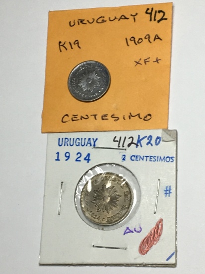 Uruguay  Centesimo 1909 Xf+   2 Centesimos 1924 Au