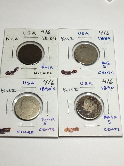 U.S.A. 4- 5 Cent 1889 F, 1889 Ag, 1890 Poor, 1890 Fair