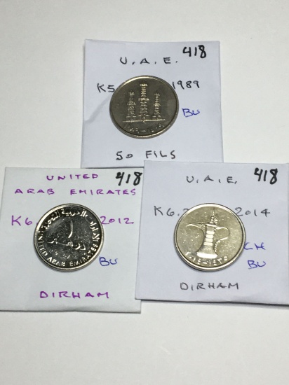 U.A.E. 1- 50 Fils 1989 Bu, 2- Dirham  2012 Bu, 2014 Ch Bu