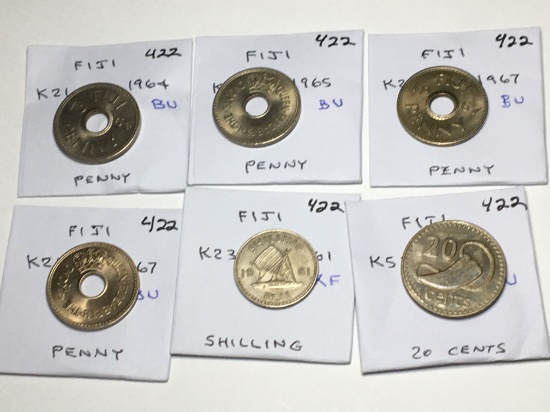 Fiji 4- Penny 1964 Bu, 1965 Bu, 2-1967 Bu,  Shilling 1961 Xf, 20 Cents 1986 Bu