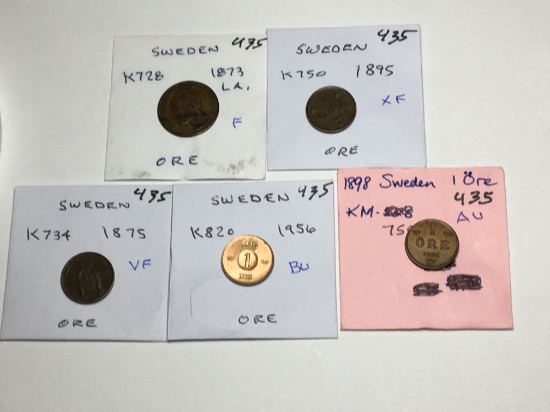 Sweden Ore 1956 Bu,1895 Xf, 1875 Vf, 1873 F, 1898 Au