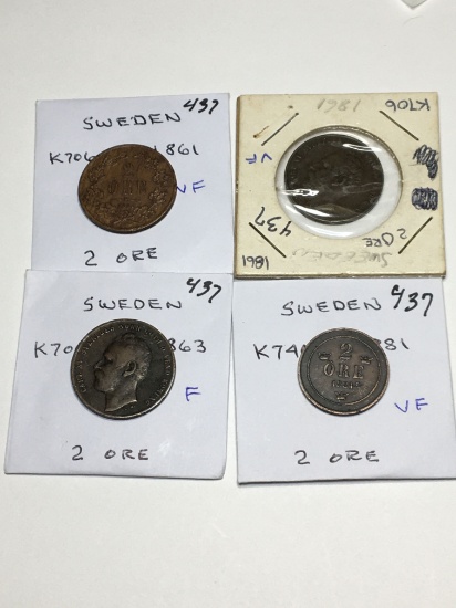 Sweden 2 Ore 1861 Vf, 1861 Vf, 1863 F, 1881 Vf