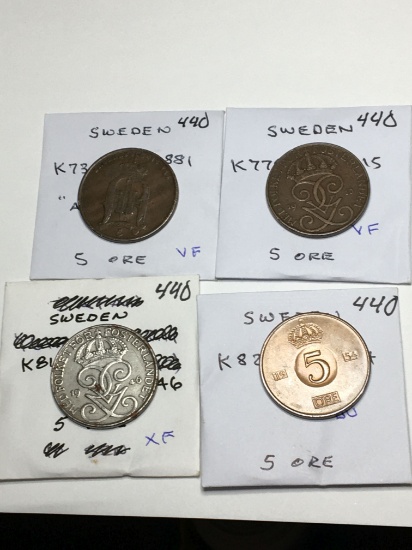 Sweden  5 Ore 1881 Vf "av Punch Mark", 1915 Vf,1946 Xf, 1954 Bu