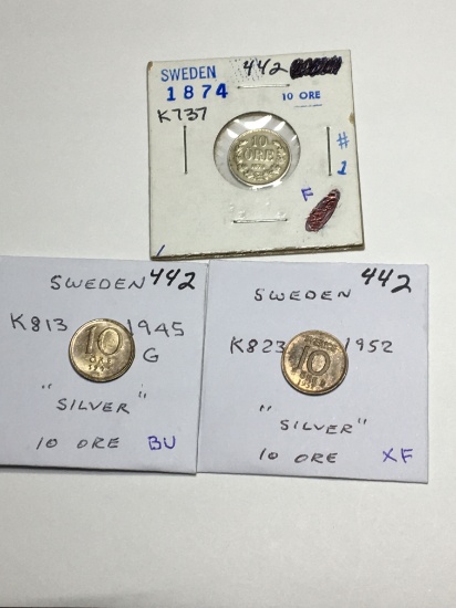 Sweden 10 Ore 1874 F, 1945 Silver Bu, 1952 Silver Xf