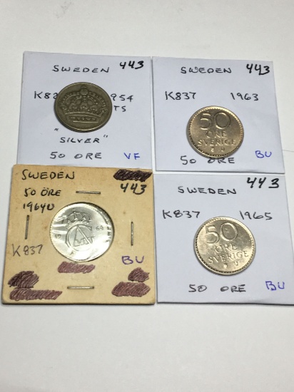 Sweden 50 Ore 1954 Silver Vf, 1963 Bu, 1964 Bu, 1965 Bu
