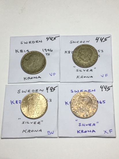 Sweden Krona 1946 Vf,1953 Silver Vf,1963 Silver Bu, 1965 Silver Xf