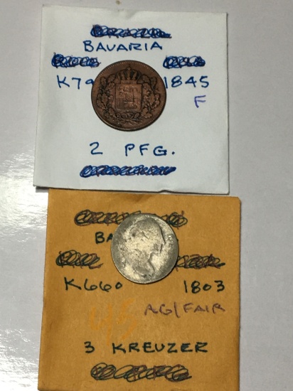 Bavaria 1803 3 Kreuzer Ag / Fair, 1845 F 2 Pfennig Fair Cleaned