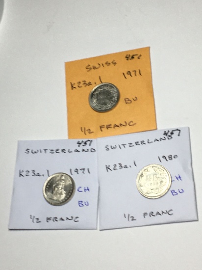Switzerland 1/2 Franc 1971 Bu, 1971 Ch Bu, 1980 Ch Bu