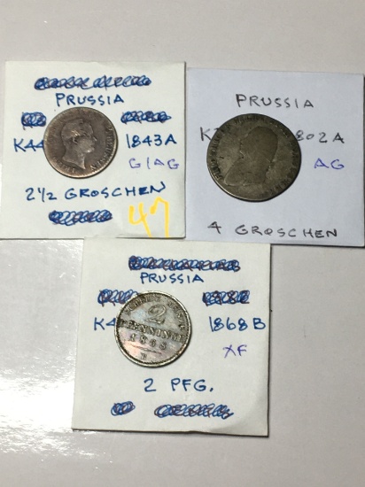 Prussia 1843 A 2 1/2 Groschen Good / Ag, 1802 A 4 Groschen Ag, 1868 B 2 Pfennig Extra Fine