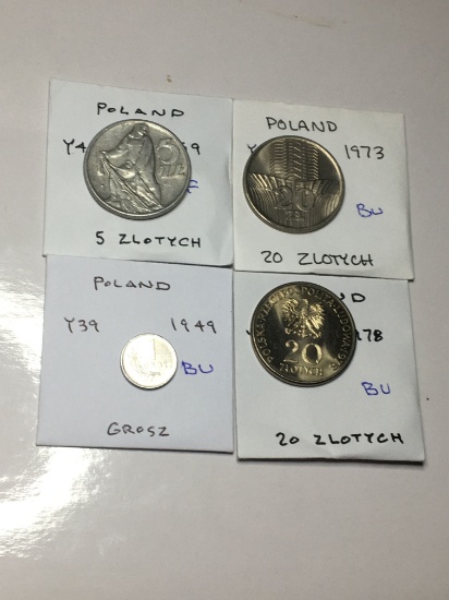 Poland 1959 5 Zlotych Extra Fine, 1949 Grosz Bu, 1973 & 1978 20 Zlotych Bu