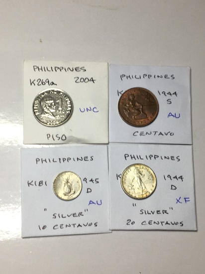 Phillipines 2004 Piso Unc, (2) 1944 Centavo Au, 1945 D 10 Centavos "silver" Au,