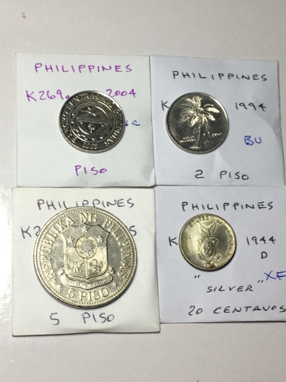 Phillipines 2004 Piso Unc, 1994 2 Piso Bu, 1975 5 Piso Au, 1944 D 20 Centavos "silver" Extra Fine