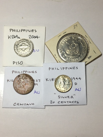 Phillipines 2004 Piso Bu, 1975 5 Piso Unc, 1927 M Centavo Au, 1944 D 20 Centavos "silver" Au