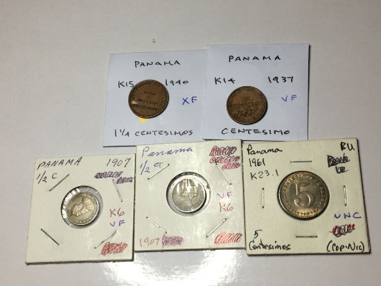 Panama 1940 1 1/4 Centesimos Extra Fine, 1961 5 Centesimos Unc, 1937 Centesimo Very Fine