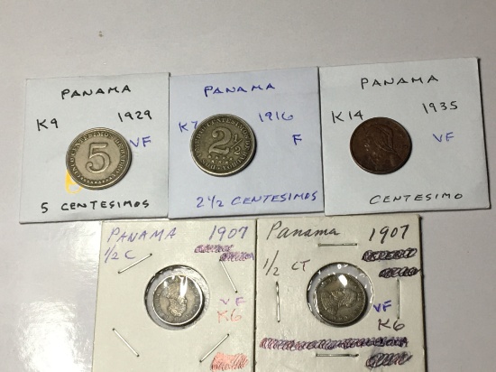 Panama 1929 5 Centesimos Very Fine, 1916 2 1/2 Centesimos Fine, 1935 Centesimo Very Fine