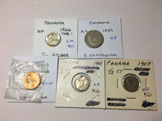 Panama 1966 1/10 Balboa Type 1 Choice Bu, 1929 5 Centesimo Very Fine, 1968 Centesimo Proof