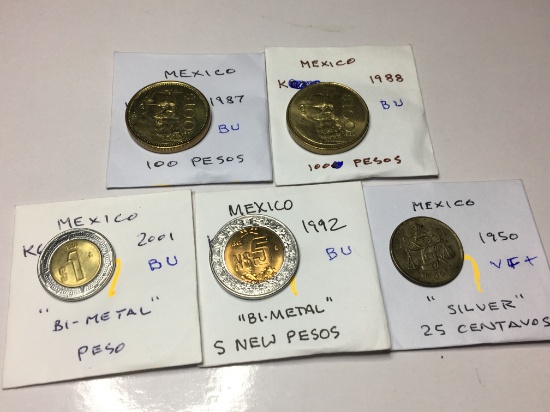 Mexico 2001 "bimetal" Peso Bu, 1992 "bimetal" 5 New Peso Bu, 1950 "silver" 25 Centavos Very Fine+,