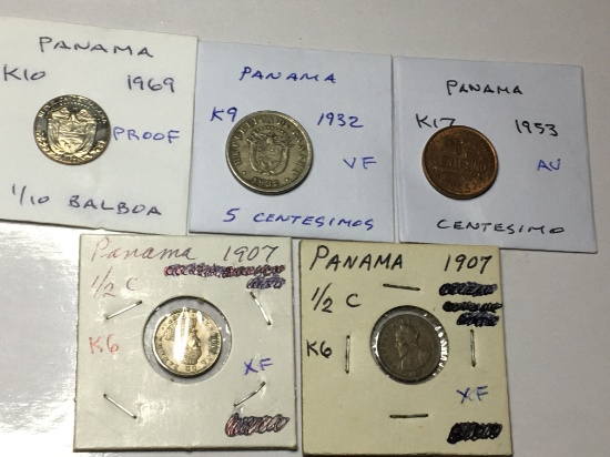 Panama 1969 1/10 Balboa Proof, 1932 5 Centesimos Very Fine, 1953 Centesimo Au