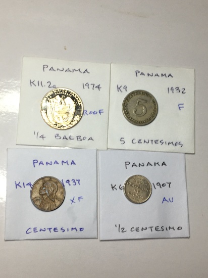 Panama 1974 1/4 Balboa Proof, 1932 5 Centesimos Fine,1937 Centesimo Extra Fine