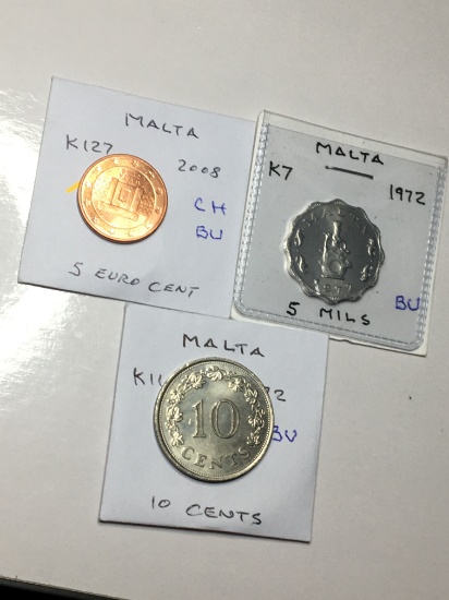 Malta 2008 5 Euro Cent Choice Bu, 1972 5 Mils Bu, 1972 10 Cents Bu