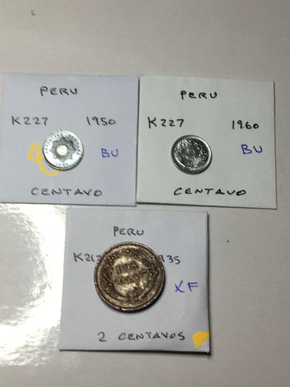 Peru 1950 & 1960 Cent Bu, 1935 2 Centavos Extra Fine (lite Nicks)