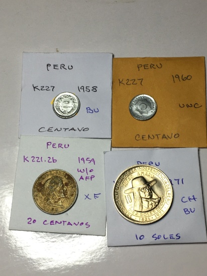 Peru Cent 1958 Bu, 1960 Unc, 20 Centavos Without Afp Extra Fine, 1971 10 Soles Choice Bu