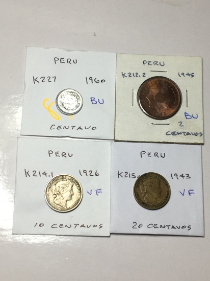 Peru 1960 Centavo Bu, 1945 2 Centavos Bu, 1926 10 Centavos Very Fine, 1943 20 Centavos Very Fine