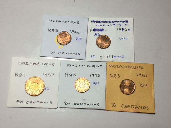 Mozambique 10 Centavos (2) 1960 Bu, 1961 Unc, 1957 50 Centavos Bu, 1973 20 Centavos Au