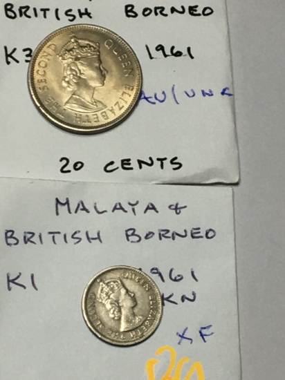 Malaya & British Borneo 1961 5 Cent Extra Fine, 1961 20 Cents Au / Unc