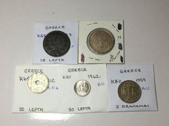Greece 1882 A 10 Lepta Very Fine, 1912 20 Lepta Extra Fine+, 1962 50 Lepta Bu, 1959 2 Drachmai Au