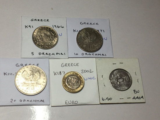 Greece 1966 5 Drachmai Bu, 1971 10 Drachmai Bu, 1973 20 Drachmai Bu, 2002 Euro Unc,1966 20 Lepta Bu