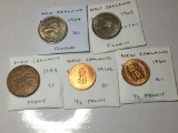 New Zealand 1960 & 1962 1/2 Penny Bu, 1943 Penny Extra Fine, 1963 Florin Extra Fine/ Au, 1964 Florin