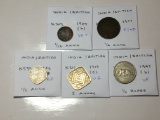 India / British 1924 B 1/12 Anna Vf+, 1907 1/4 Anna F / Vf, 1946 1/2 Anna Ef, 1919 C 2 Annas Vg
