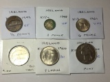 Ireland 1949 1/2 Penny Ef, 1948 3 Pence Vf, 1961 6 Pence Unc, 1964 & 66 1 Florin Bu, 2000 Punt Unc