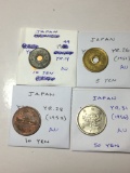 Japan 1944 10 Sen Au, 1951 5 Yen Au, 1953 10 Yen Au, 1956 50 Yen Au