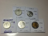 Italy 1950 5 Lire Ef, 1952 10 Lire Bu, 1956 50 Lire Au, 1957 100 Lire Unc, 1994 500 Lire Bu