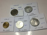 Italy 1924 Lira Vf/ Ef, 1950 5 Lire Ef, 1957 20 Lire Bu, 1959 50 Lire Au, 1957 100 Lire Unc