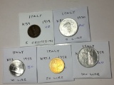 Italy 1919 5 Centesimi Vf, 1950 5 Lire Au, 1955 10 Lire Bu, 1958 20 Lire Bu, 1959 100 Lire Au