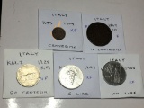 Italy 1904 Centesimo Ef, 1867 Om 10 Centesimi F, 1925 R.E. 50 Centesimi Vf, 1949 5 Lire Ef,