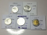 Italy 1940 50 Centesimi Au, 1949 5 Lire Au, 1956 50 Lire Au, 1957 100 Lire Au, 1988 500 Lire Bu