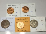 New Zealand 1960 & 1962 1/2 Penny Bu, 1961 1/2 Penny Unc, 1940 Penny Extra Fine, 1963 Florin Ex Fine