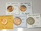 New Zealand (2) 1962 Bu & 1961 Unc 1/2 Penny, 1940 Penny Au, 1963 Florin Extra Fine
