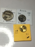 Russia 1998 M 5 Rouble Bu, 2011 10 Rouble Bu, 1991 5 Roubles Bu
