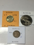 Russia 1903 Kopek F,2008 2 Rouble Bu, 1991 5 Roubles Bu