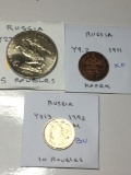 Russia 1911 Kopek Ef, 1992 M 10 Roubles Bu, 1991 5 Roubles Bu