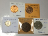 New Zealand 1957 Unc, & 1960 Bu 1/2 Penny, 1942 Penny Extra Fine, 1952 6 Pence Very Fine,